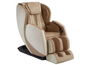 A luxurious beige and cream massage chair in a reclined position, designed with multiple padded sections for comfort.