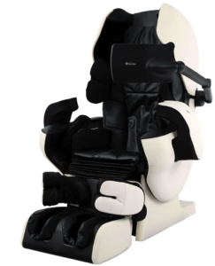Image-of-the-Inada-ROBO-massage-chair,-featuring-black-interior-and-white-interior,-with-tablet-controls-extended.
