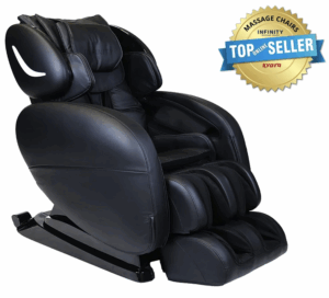 A profile shot of a black Infinity Smart Chair X3 massage chair with a seal noting it is a top online seller.