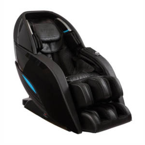 uturistic-looking black leather-upholstered massage chair with bright blue accents in front of a white background.