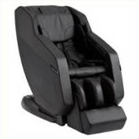Massage chair with black outer shell and black leather-upholstered seat in front of a white background.