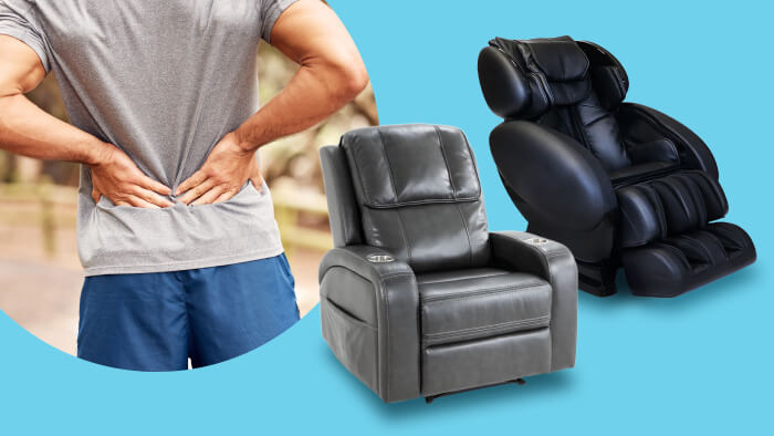 Image-of-a-person-holding-their-lower-back-in-pain,-next-to-two-different-types-of-massage-chair-recliners.
