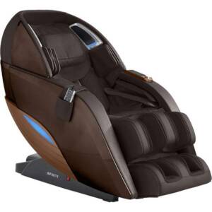 Brown and black full-body massage chair with blue accents and a reclined position.