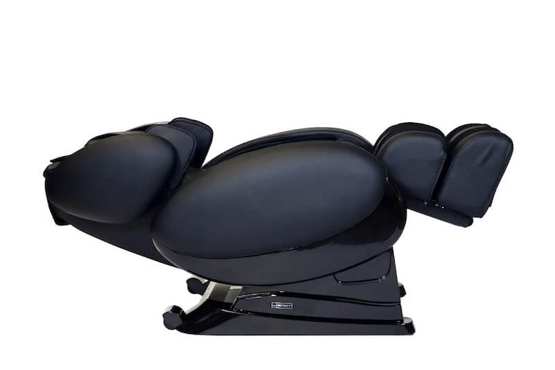 Alt text: "An ergonomic black massage chair is in a reclined position against a white background. The chair's contoured design and plush armrests suggest comfort and relaxation. There are no visible brand markings, focusing solely on the chair's design and features.