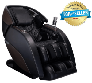 A-profile-image-of-a-black-Kyota-Nokori-M980-Syner-D-massage-chair,-featuring-a seal-recognizing-the-massage-chair-as-a-top-online-seller.