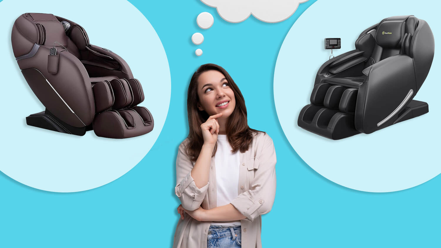 a woman with dark hair wearing a beige button up top holds her finger to her chin and looks up at superimposed thought bubbles that have massage chairs inside