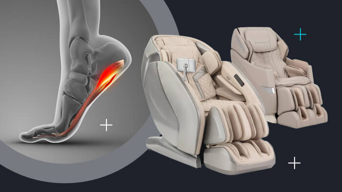 two beige massage chairs next to an illustration representing the pain points of plantar fascilitis