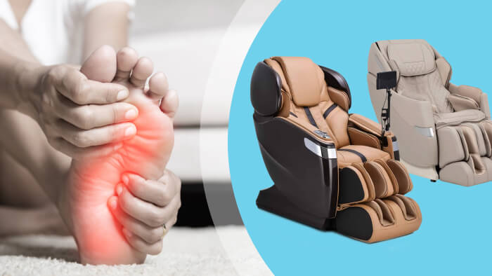 A side-by-side image of a foot, red with paid, being massaged with a hand, next to a massage chair