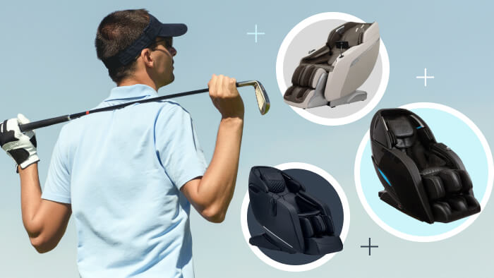a golfer with a blue shirt holds a club over his shoulders, examples of massage chairs are superimposed near him in floating circles